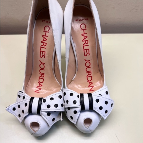 Charles Jourdan made in Italy polka dot bow Black and White  peep toe Heels - Picture 5 of 9